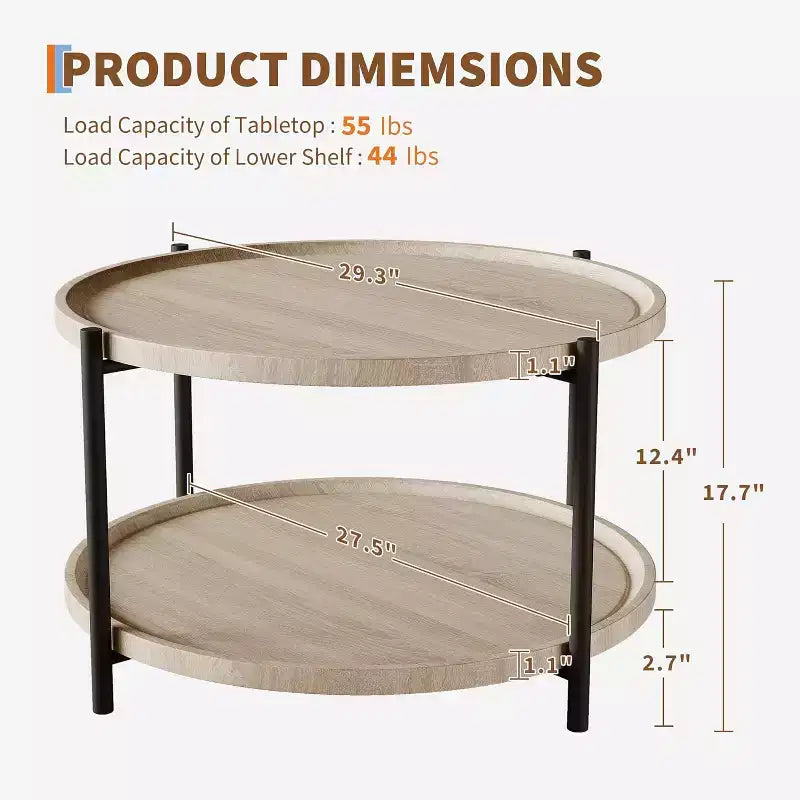 Round Coffee Table with Storage, 2-Tier Open Shelves, Modern Farmhouse Center Table for Living Room