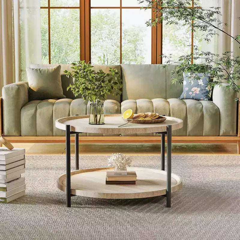 Round Coffee Table with Storage, 2-Tier Open Shelves, Modern Farmhouse Center Table for Living Room