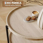 Table basse ronde avec rangement, 2 étagères ouvertes, table basse de style ferme moderne pour salon