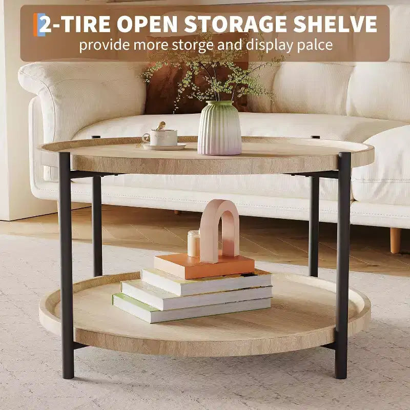 Round Coffee Table with Storage, 2-Tier Open Shelves, Modern Farmhouse Center Table for Living Room