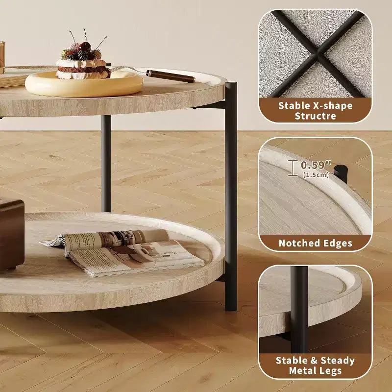Round Coffee Table with Storage, 2-Tier Open Shelves, Modern Farmhouse Center Table for Living Room