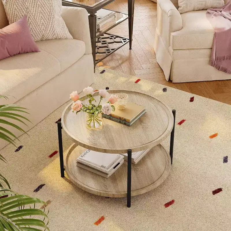 Round Coffee Table with Storage, 2-Tier Open Shelves, Modern Farmhouse Center Table for Living Room