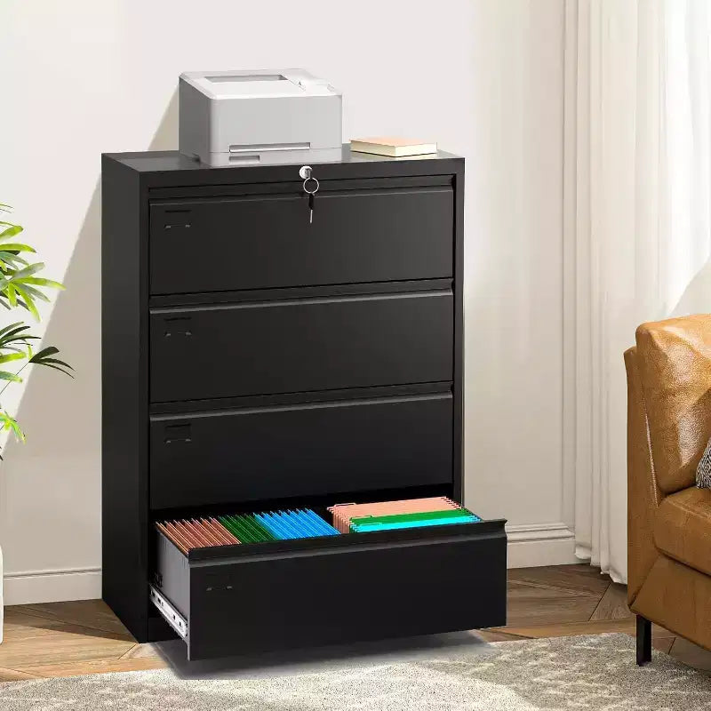 4-Drawer Lateral File Cabinet with Lock, Heavy Duty Steel Wide Filing Cabinet for Legal/Letter/a4, Secure Office Storage Organizer, Easy Assembly