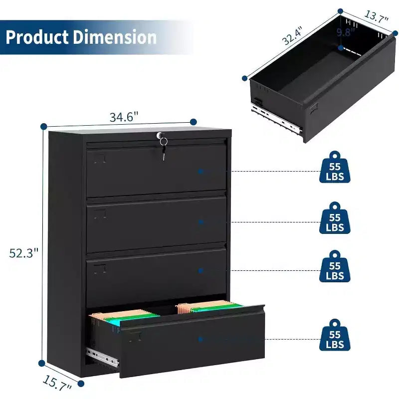 4-Drawer Lateral File Cabinet with Lock, Heavy-Duty Steel Filing Cabinet for Legal/Letter/A4, Secure Office Storage