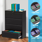 Classeur latéral 4 tiroirs avec serrure, armoire de classement robuste en acier pour documents légaux/lettres/A4, rangement de bureau sécurisé