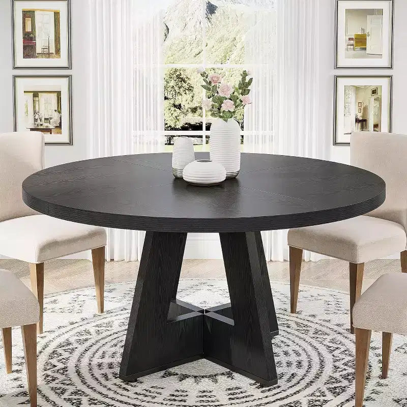Round Dining Table, Farmhouse Wood Tabletop Cross Base for 4-6 People