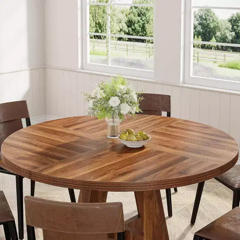 Round Dining Table, Farmhouse Wood Tabletop Cross Base for 4-6 People