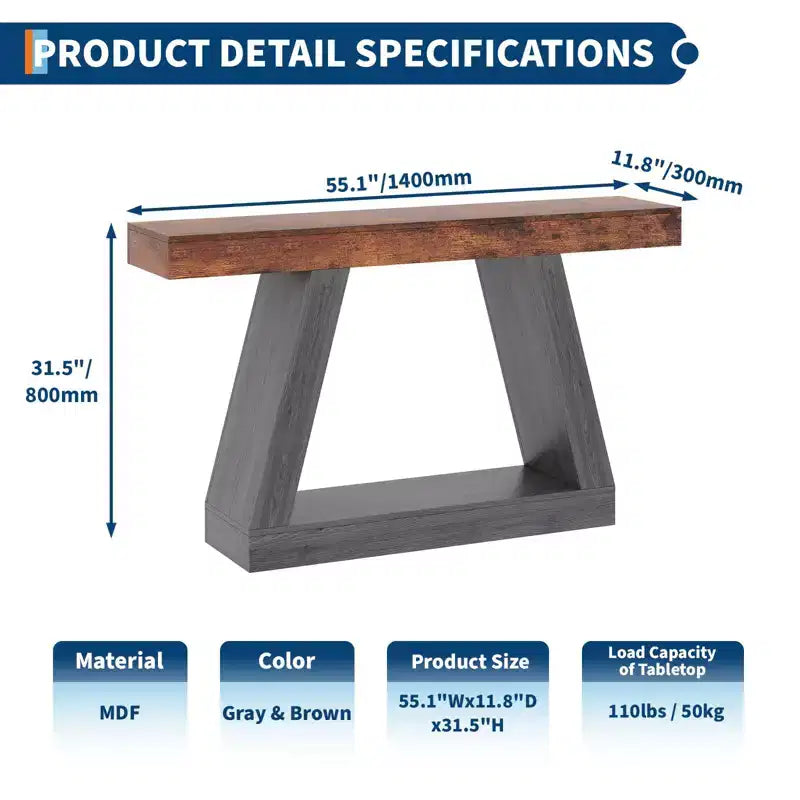55" Farmhouse Console Table with 2-Tier Open Shelves, Narrow Sofa Table for Entryway, Hallway & Living Room