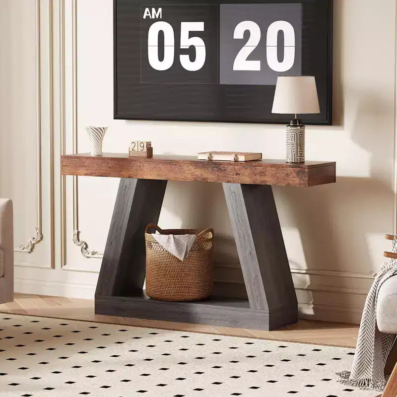 55" Farmhouse Console Table with 2-Tier Open Shelves, Narrow Sofa Table for Entryway, Hallway & Living Room