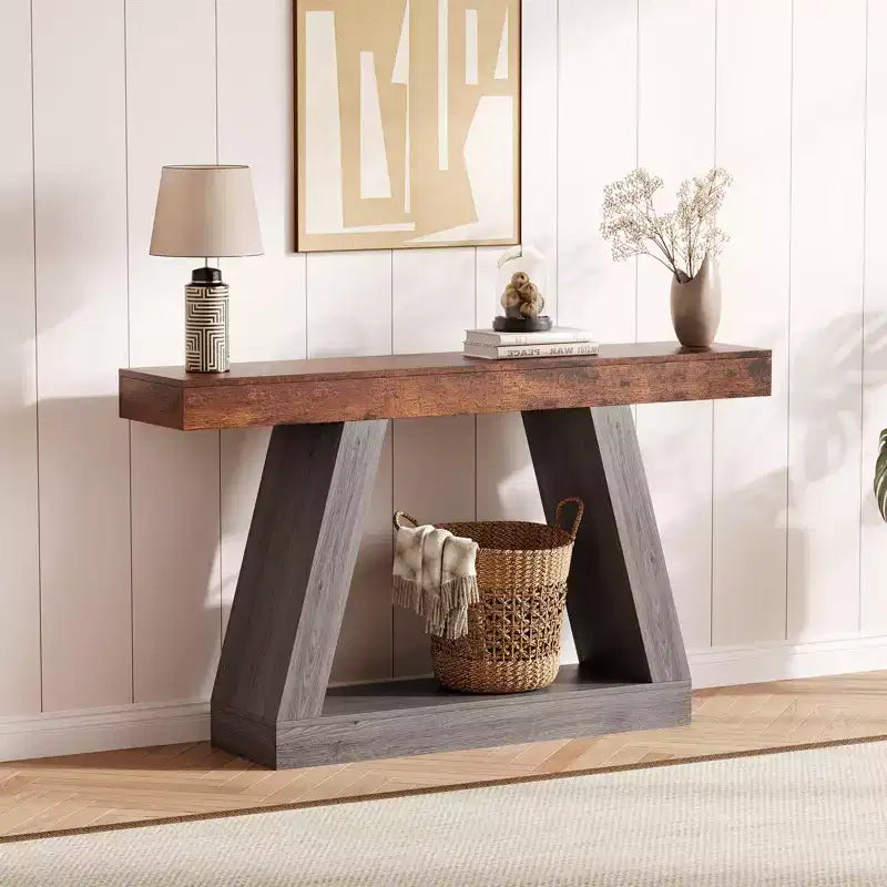 55" Farmhouse Console Table with 2-Tier Open Shelves, Narrow Sofa Table for Entryway, Hallway & Living Room
