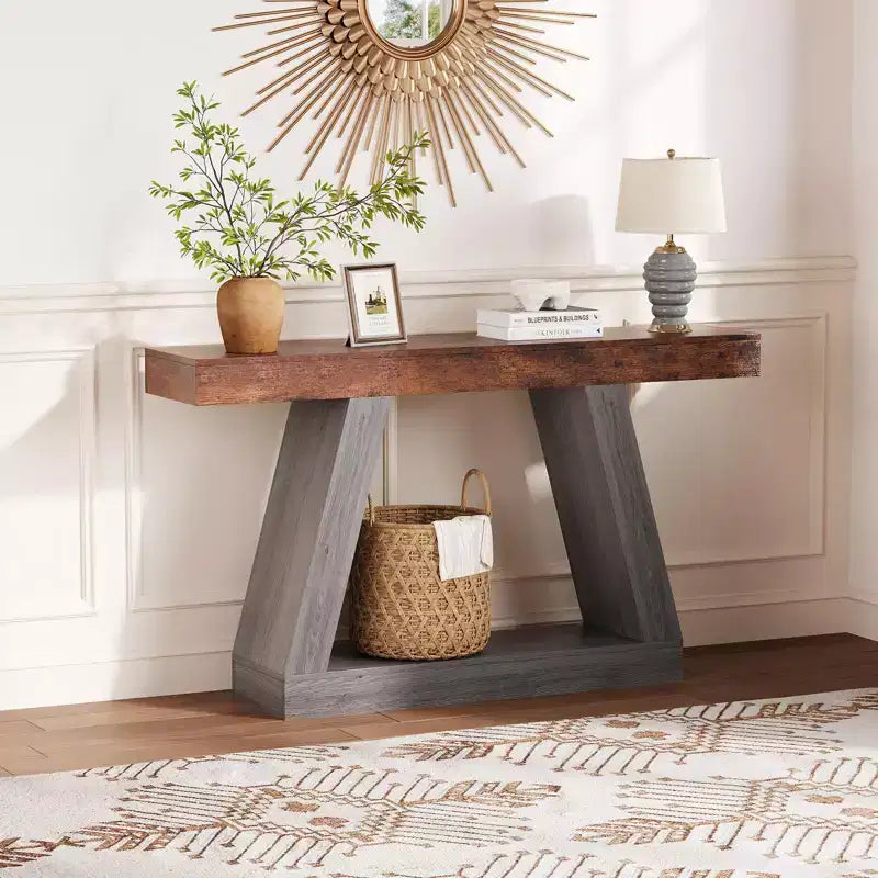 55" Farmhouse Console Table with 2-Tier Open Shelves, Narrow Sofa Table for Entryway, Hallway & Living Room