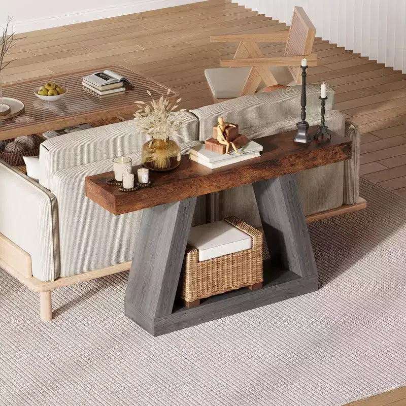 55" Farmhouse Console Table with 2-Tier Open Shelves, Narrow Sofa Table for Entryway, Hallway & Living Room