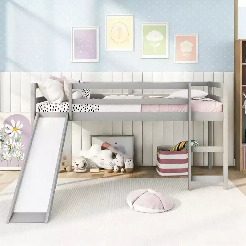 Twin Size Loft Bed with Slide and Fence for Kids' Room