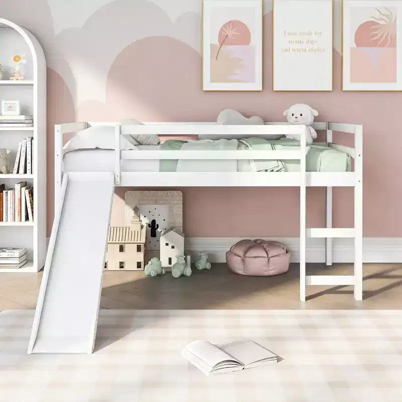 Twin Size Loft Bed with Slide and Fence for Kids' Room