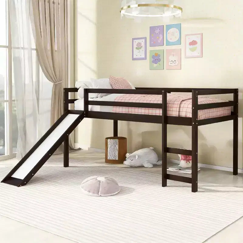 Luxystar Twin Size Loft Bed with Slide and Fence for Kids' Room
