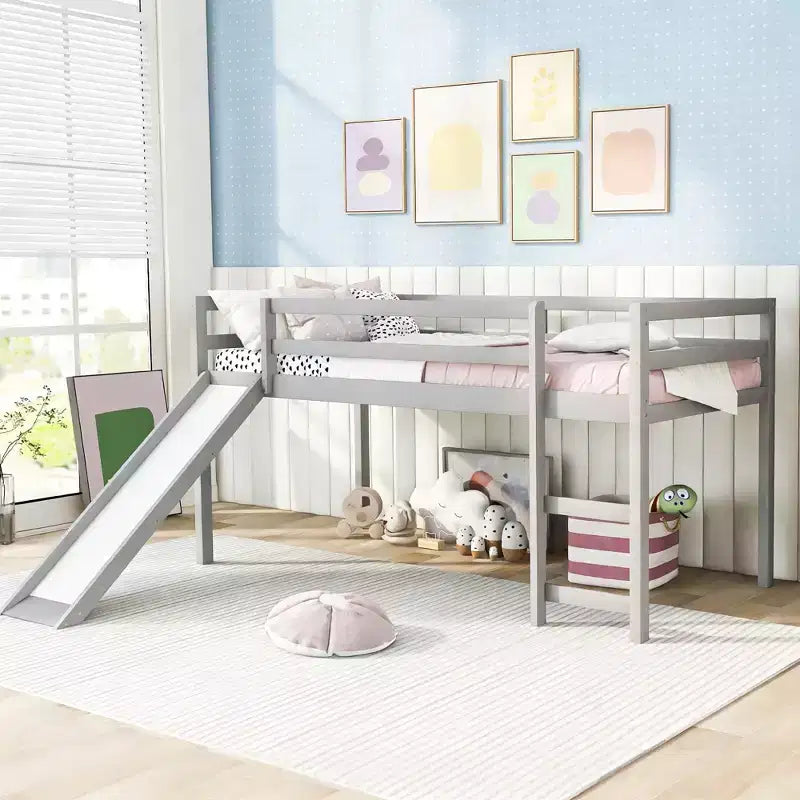 Twin Size Loft Bed with Slide and Fence for Kids' Room