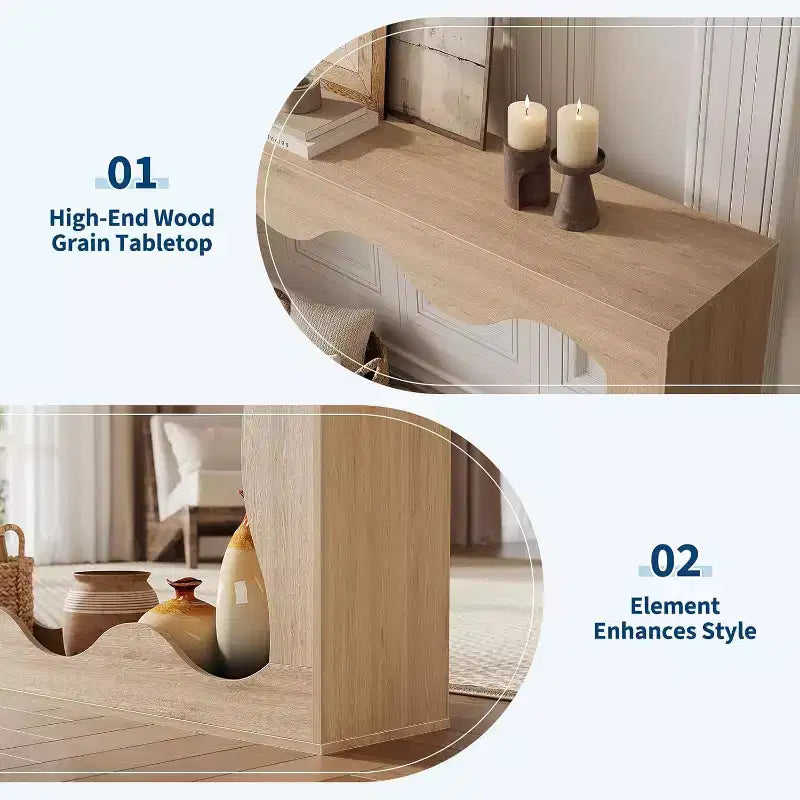 63 Inch Long Console Table, Narrow Wood Couch Table with Scalloped Edge, Modern Farmhouse Style for Hallway, Foyer & Living Room