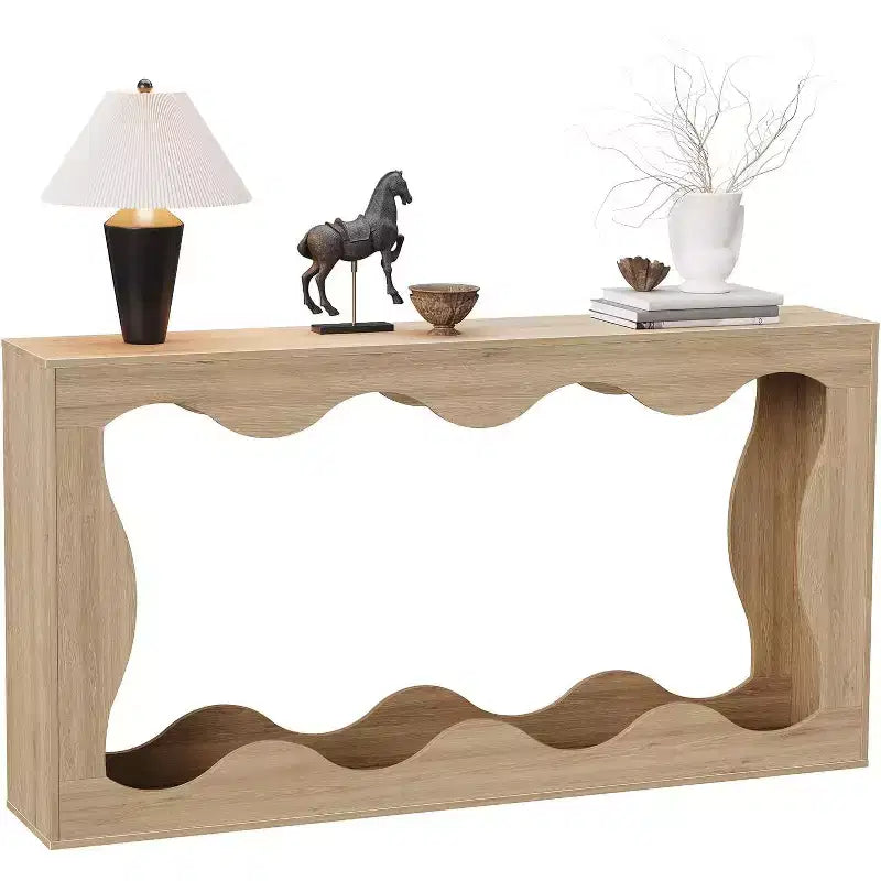 63 Inch Long Console Table, Narrow Wood Couch Table with Scalloped Edge, Modern Farmhouse Style for Hallway, Foyer & Living Room