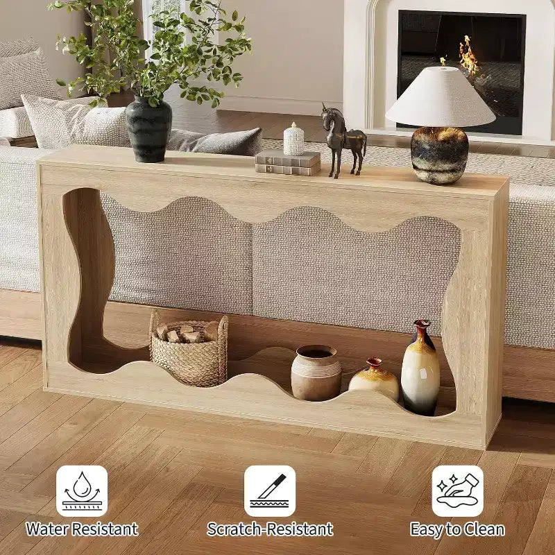 63 Inch Long Console Table, Narrow Wood Couch Table with Scalloped Edge, Modern Farmhouse Style for Hallway, Foyer & Living Room
