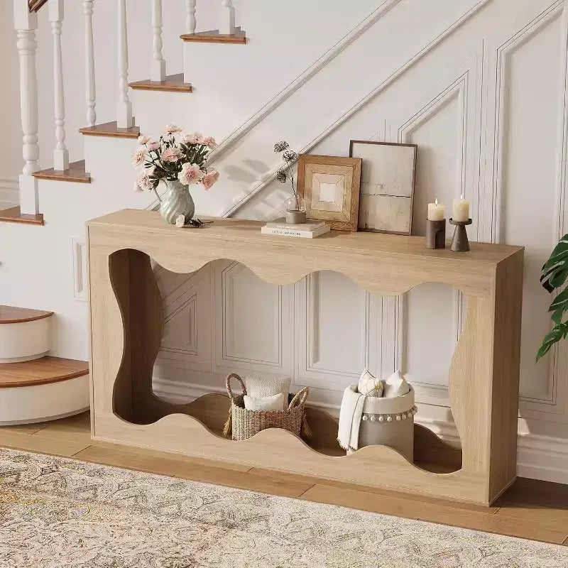 63 Inch Long Console Table, Narrow Wood Couch Table with Scalloped Edge, Modern Farmhouse Style for Hallway, Foyer & Living Room