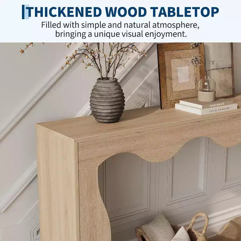 63 Inch Long Console Table, Narrow Wood Couch Table with Scalloped Edge, Modern Farmhouse Style for Hallway, Foyer & Living Room