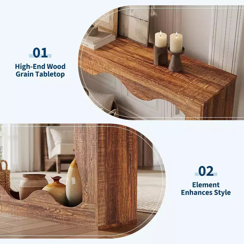 63 Inch Long Console Table, Narrow Wood Couch Table with Scalloped Edge, Modern Farmhouse Style for Hallway, Foyer & Living Room