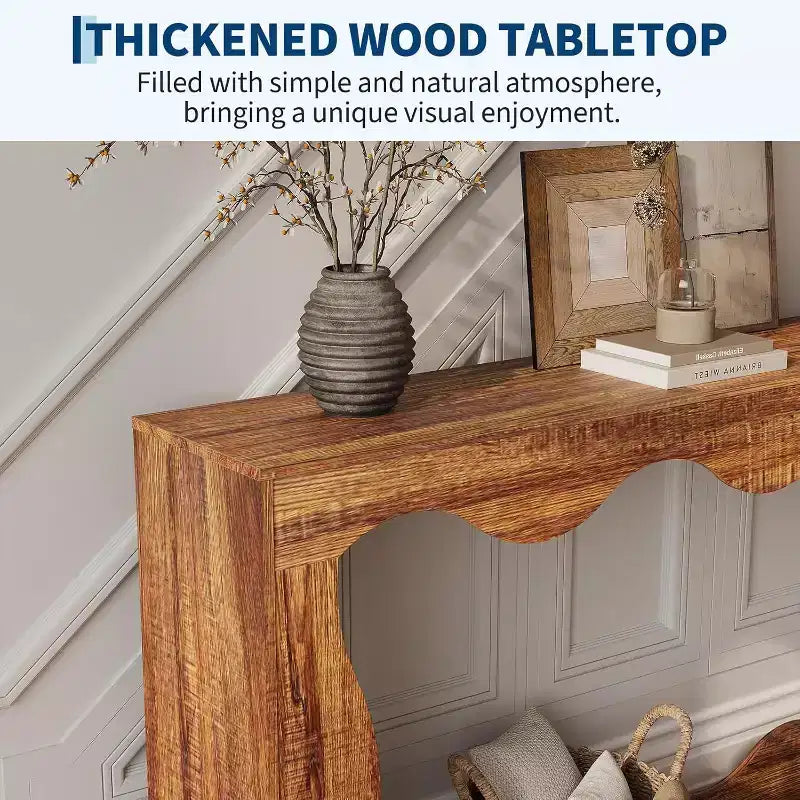 63 Inch Long Console Table, Narrow Wood Couch Table with Scalloped Edge, Modern Farmhouse Style for Hallway, Foyer & Living Room