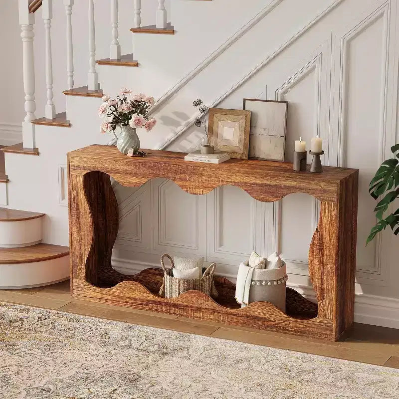 63 Inch Long Console Table, Narrow Wood Couch Table with Scalloped Edge, Modern Farmhouse Style for Hallway, Foyer & Living Room
