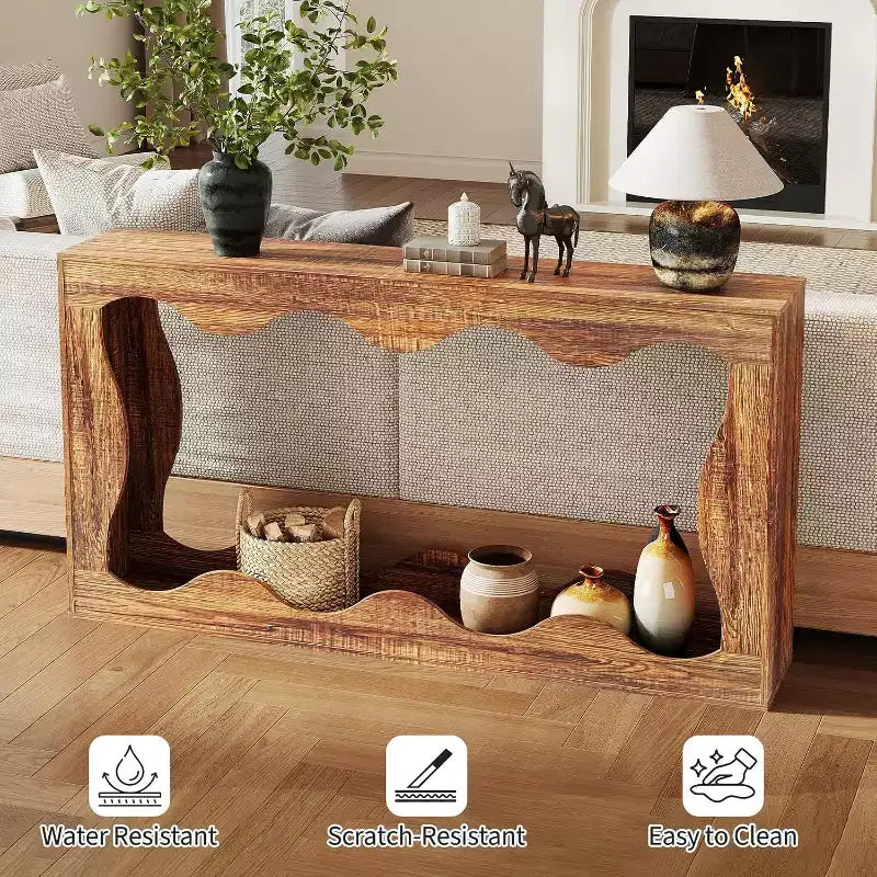 63 Inch Long Console Table, Narrow Wood Couch Table with Scalloped Edge, Modern Farmhouse Style for Hallway, Foyer & Living Room