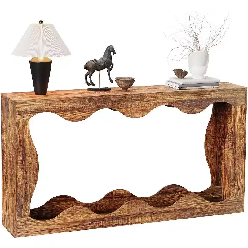 63 Inch Long Console Table, Narrow Wood Couch Table with Scalloped Edge, Modern Farmhouse Style for Hallway, Foyer & Living Room