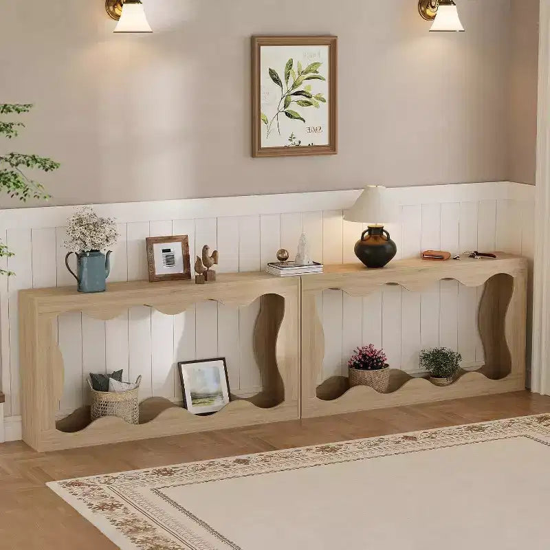 63 Inch Long Console Table, Narrow Wood Couch Table with Scalloped Edge, Modern Farmhouse Style for Hallway, Foyer & Living Room