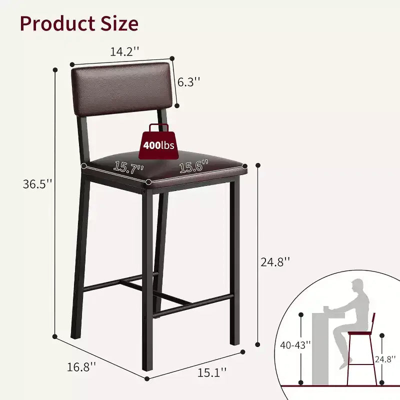 Upholstered Bar Stools, PU Leather Back & Footrest, Counter Height, Thickened Metal Legs for Kitchen Island & Bar