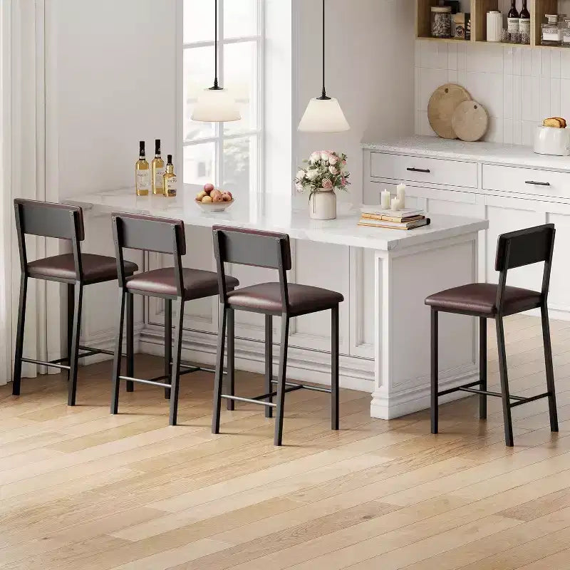 Upholstered Bar Stools, PU Leather Back & Footrest, Counter Height, Thickened Metal Legs for Kitchen Island & Bar