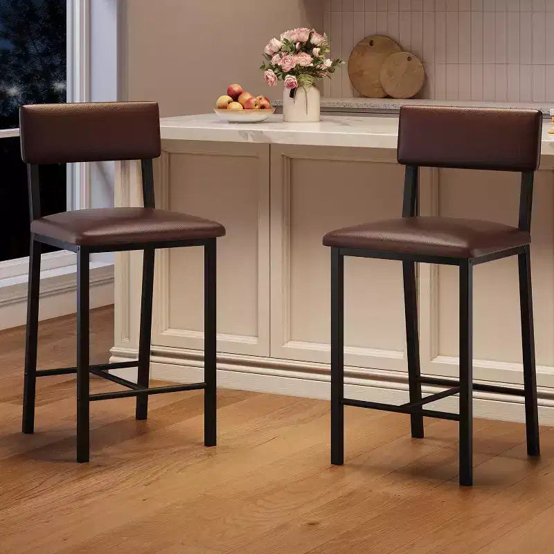 Upholstered Bar Stools, PU Leather Back & Footrest, Counter Height, Thickened Metal Legs for Kitchen Island & Bar