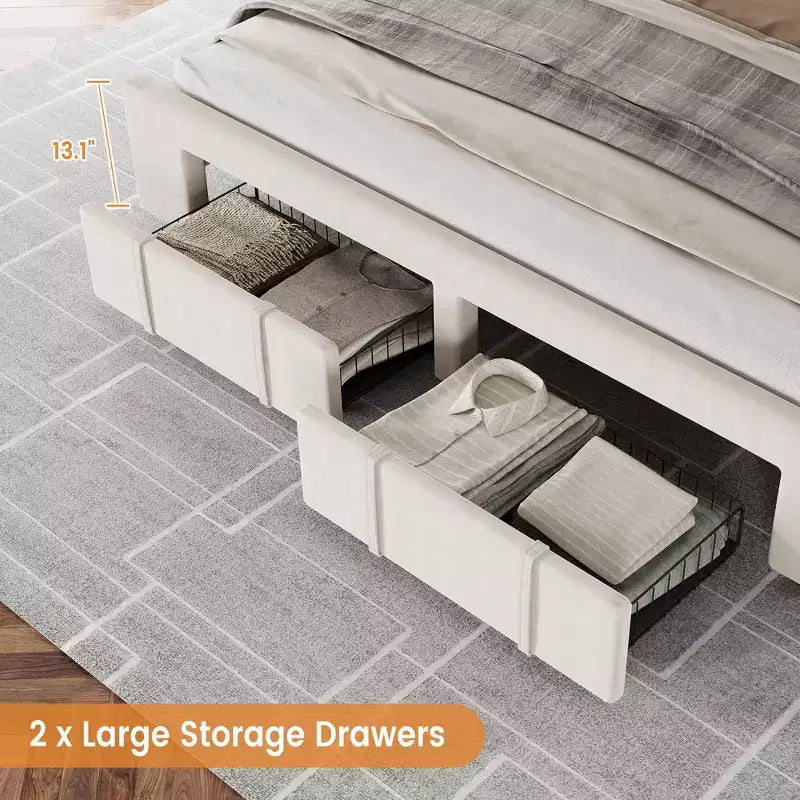 Modern Upholstered Bed Frame with Button Tufted Headboard & Storage Drawers