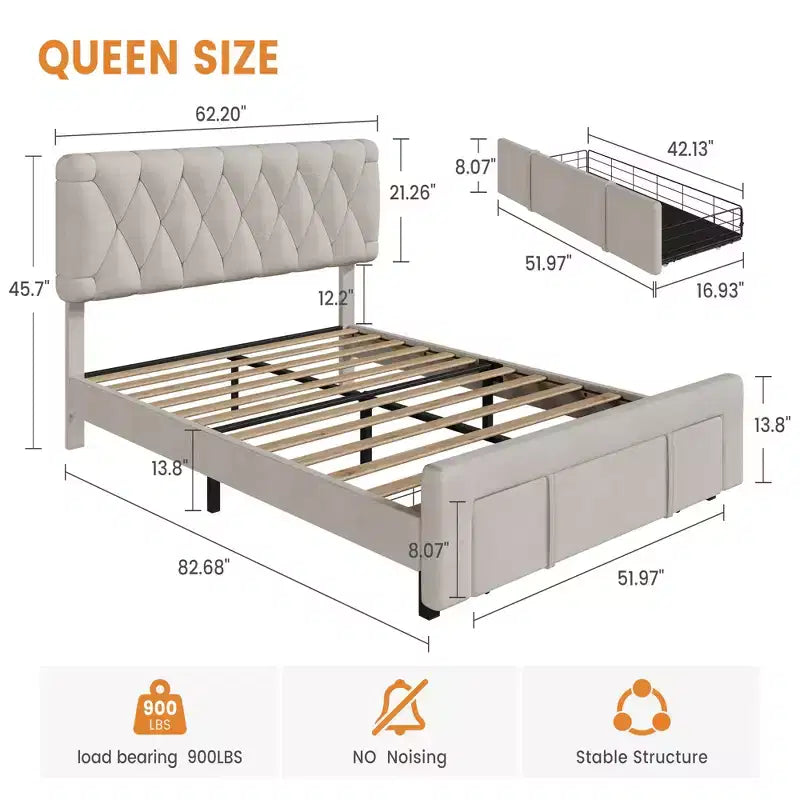 Modern Upholstered Bed Frame with Button Tufted Headboard & Storage Drawers