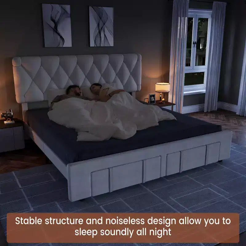 Modern Upholstered Bed Frame with Button Tufted Headboard & Storage Drawers