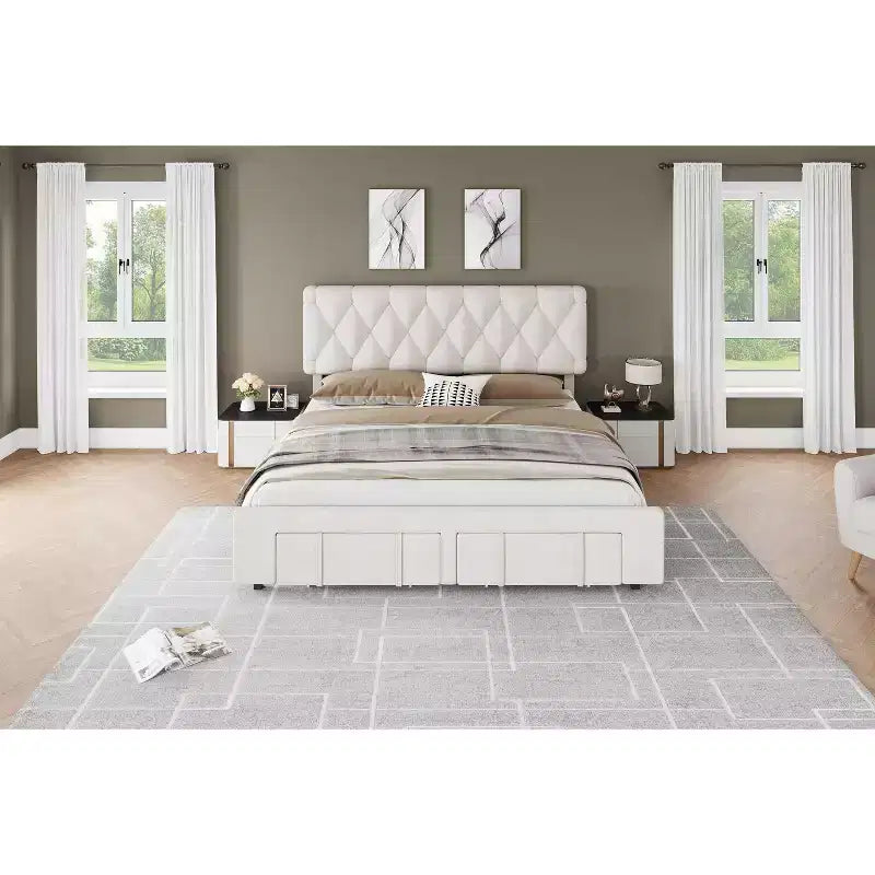 Modern Upholstered Bed Frame with Button Tufted Headboard & Storage Drawers