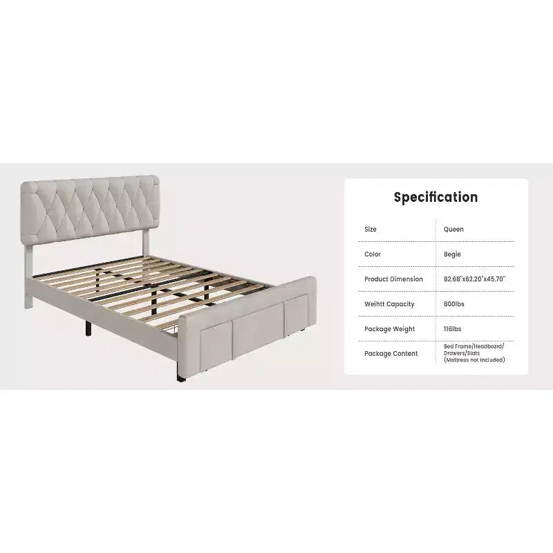 Modern Upholstered Bed Frame with Button Tufted Headboard & Storage Drawers