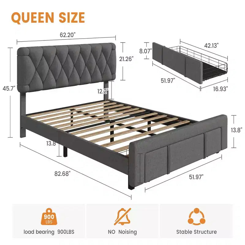 Modern Upholstered Bed Frame with Button Tufted Headboard & Storage Drawers