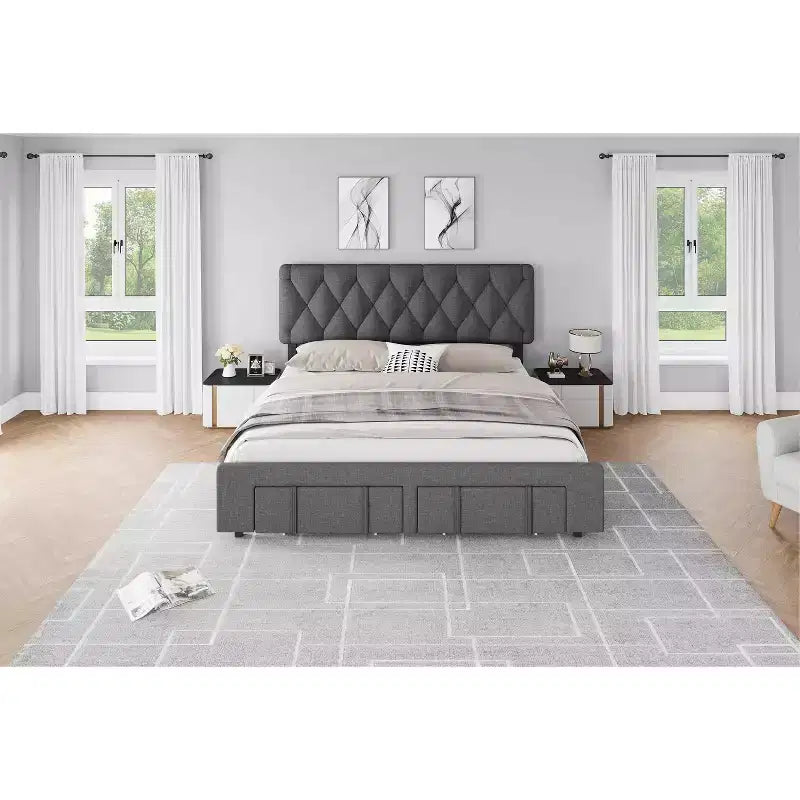 Modern Upholstered Bed Frame with Button Tufted Headboard & Storage Drawers