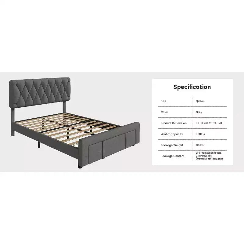 Modern Upholstered Bed Frame with Button Tufted Headboard & Storage Drawers