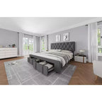 Modern Upholstered Bed Frame with Button Tufted Headboard, Noise Free Platform Bed with Storage Drawers - Wooden Slats Support, No Box Spring Needed