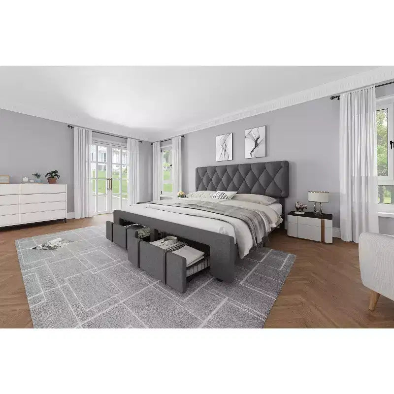Modern Upholstered Bed Frame with Button Tufted Headboard, Noise Free Platform Bed with Storage Drawers - Wooden Slats Support, No Box Spring Needed