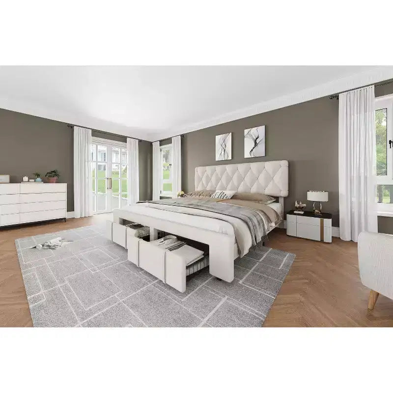 Modern Upholstered Bed Frame with Button Tufted Headboard & Storage Drawers