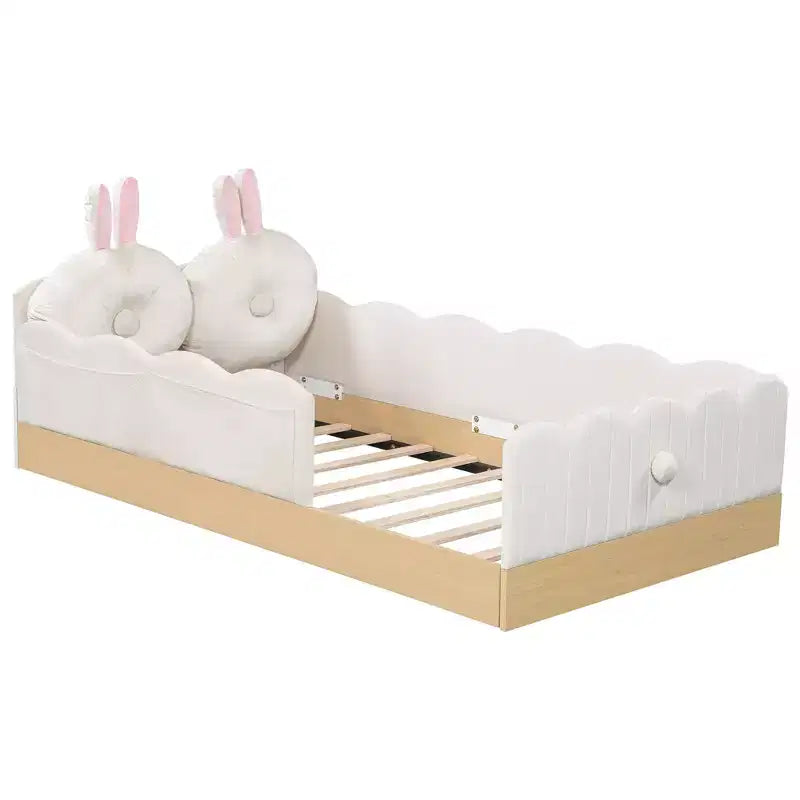 Twin Size Floor Bed with Upholstered Pillows and Safety Fence Guardrails