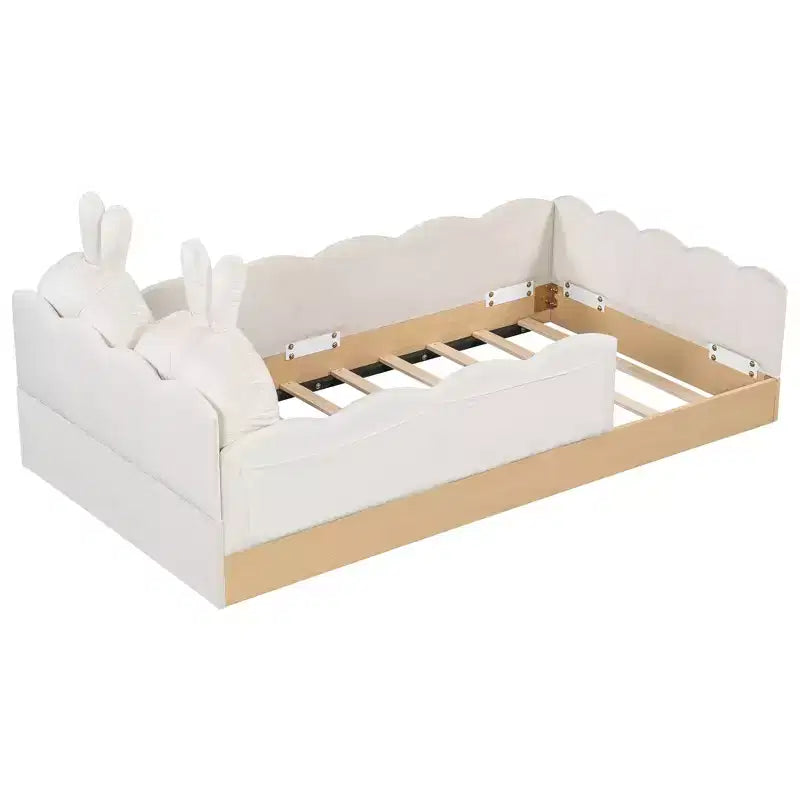 Twin Size Floor Bed with Upholstered Pillows and Safety Fence Guardrails