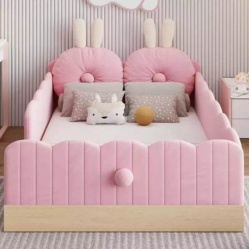 Twin Size Floor Bed with Upholstered Pillows and Safety Fence Guardrails