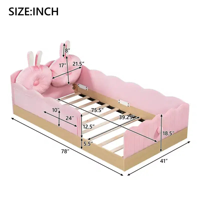 Twin Size Floor Bed with Upholstered Pillows and Safety Fence Guardrails