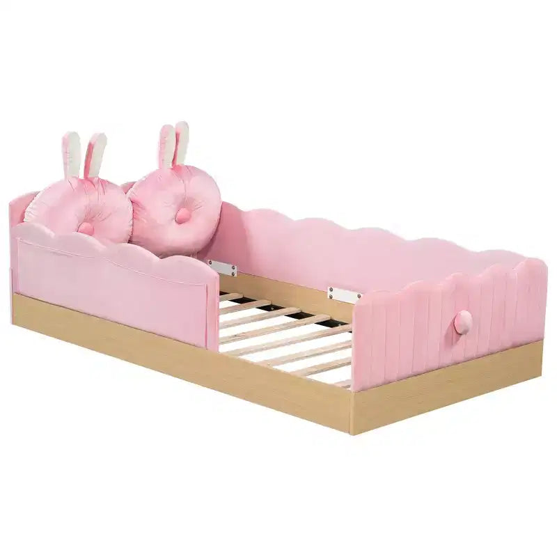 Twin Size Floor Bed with Upholstered Pillows and Safety Fence Guardrails